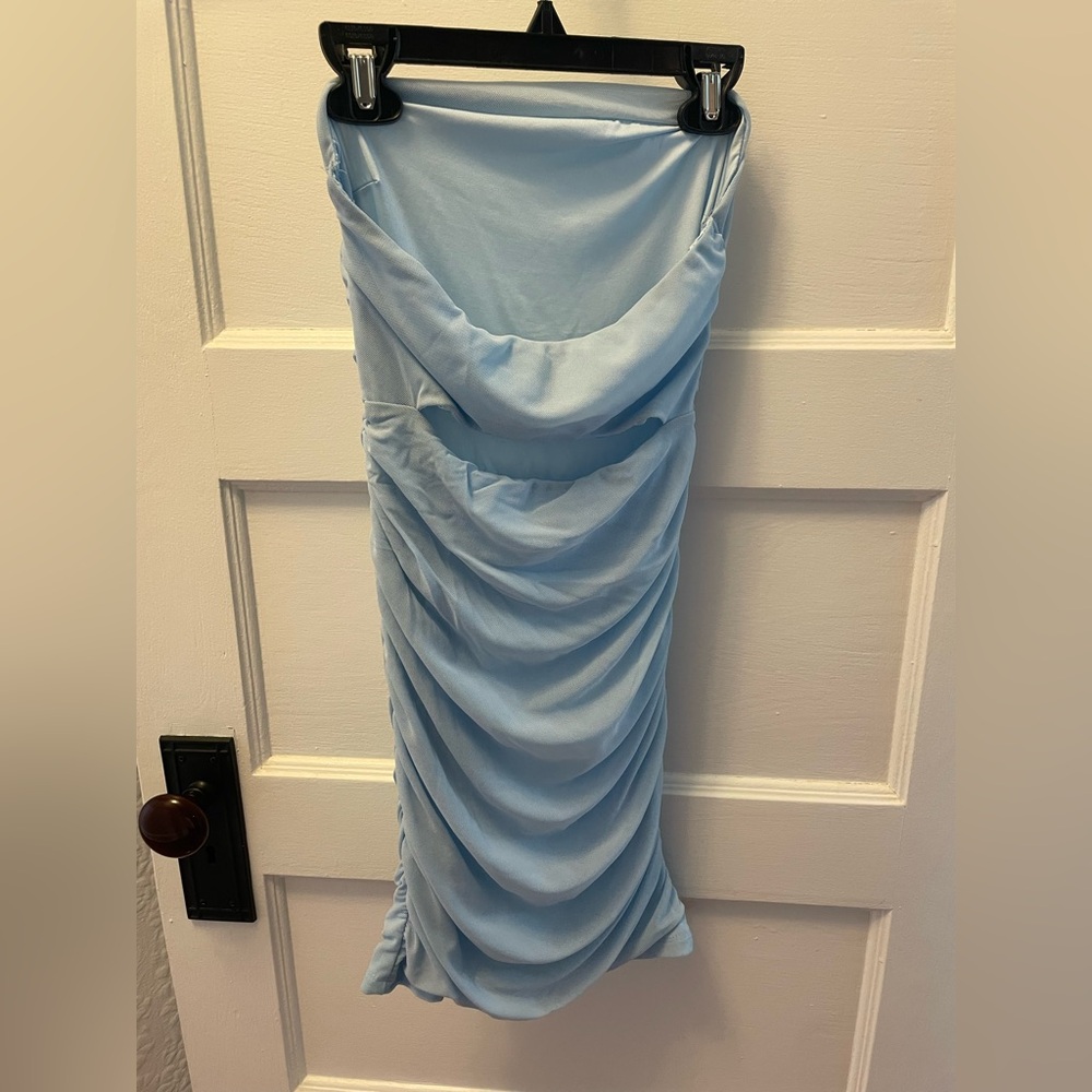 Hello Molly Baby Blue Strapless Ruched Mini Dress - Picture 5 of 7